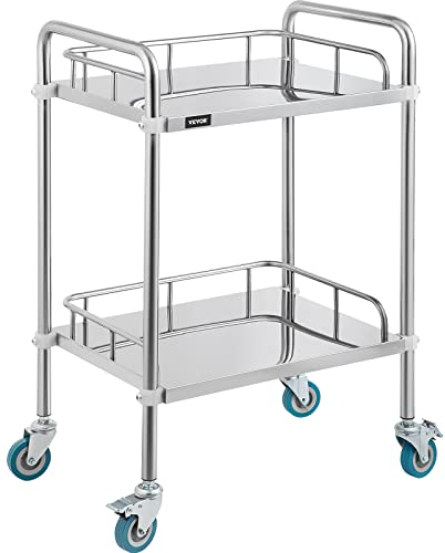VEVOR Servierwagen Edelstahl Serving Lab Trolley 2 Böden Laborwagen Tragbar Abräumwagen Medical Dental Lab Cart Transportwagen Rollwagen Medizinisch Universalräder Zwei Fußbremsen Breite Anwendung