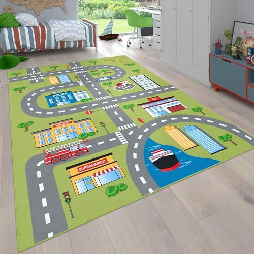 Paco Home Teppich Kinderzimmer Kinderteppich Spielteppich Straßen Und Auto Motiv rutschfest Grün Grau, Grösse:Ø 160 cm Rund