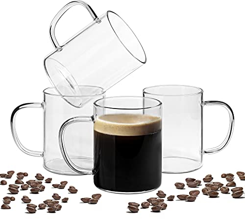 ComSaf 400ml Glass Coffee Mugs Set of 4, Clear Glass Coffee Cup with Big Handle, Large Borosilicate Glass Mug for Tea Milk or Hot Cold Beverages, Crystal Drinking Glass for Birthday