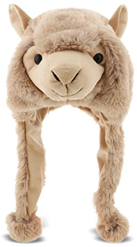 DolliBu Brown Llama Plush Hat - Super Soft Warm Fleece Hat with Ear Flaps, Cozy Winter Hat for Kids & Teens, Stuffed Animal Halloween Costume - One Size
