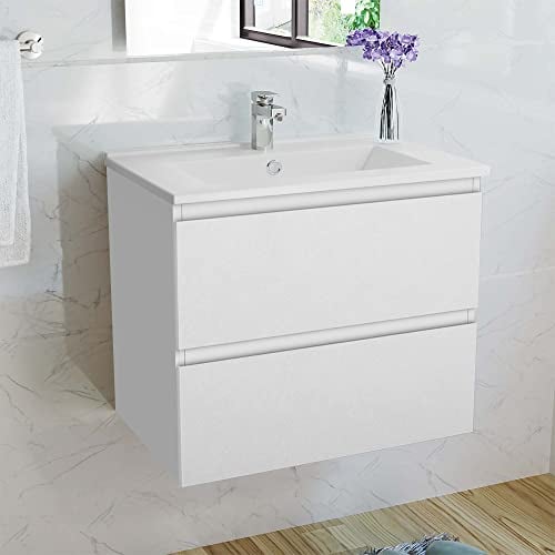 Acezanble 500mm Bathroom Vanity Unit and Basin Sink Cabinet Wall Mounted, 2 Soft Drawers-White