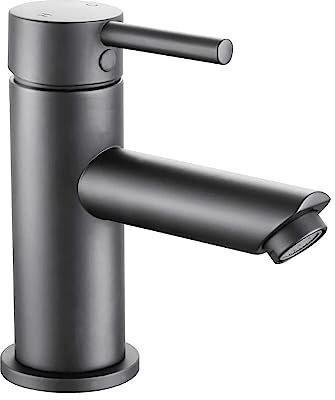 Aloni Waschtischarmatur Einhebelmischer, Wasserhahn Badezimmer aus Messing, Waschbeckenarmatur für Kalt- und Warmwasser, Mischbatterie mit Strahlregler und Flexschläuchen, Grau Gebürstet