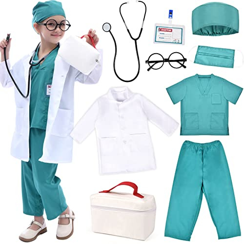 Arztkoffer Kinder Kostüm Arzt Kinder Arztkittel Kinder Verkleidungskiste mit Doktor Rollenspiel Zubehör Fasching Halloween Geschenke für Kinder Jungen Mädchen 3 4 5 6 7 8 9 10 Jahre