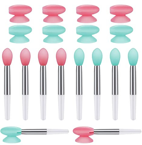 Silicone Lip Brushes with Covers, 10pcs Lip Brushes for Lipsticks and 10pcs Covers, Reusable Lip Applicators Silicone with Cap for Lip Gloss & Balm Eyeshadow Makeup (Mint Green, Pink)
