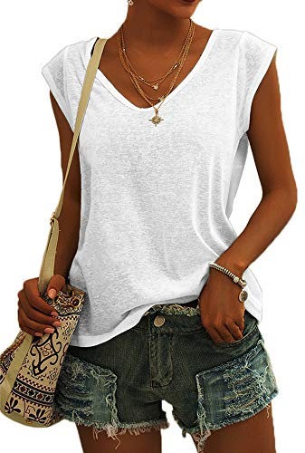 GeGekoko Damen T-Shirt Kurzarm V-Ausschnitt Flügelärmeln Oberteile Blusen Sommer Casual Lose Tank Top Basic Mädchen Tops Weiss XL