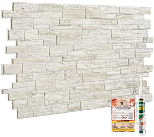 NOVECRAFTO Natural Stone Effect 3D Wall Panelling Kit of 6 pcs, PVC Wall Panel Size 37.59x18.8 in (95.5x48 cm) Covering 7.39 ft² (0.69 m²) for Kitchen, Bathroom, Living Room, DIY Natural Stone Beige