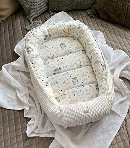 WEIß Waffelpique/HASE Beige-Weiß Babynest Babyaustattung Neugeborene Baby Unterlage Reisebett Nestchen SOLO/o. in PREMIUM Geschenk SETS (Nestchen SOLO)