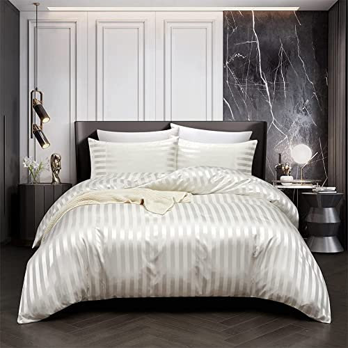 Lanqinglv Luxe Housse de Couette Satin 220 x 240 cm Blanc Rayures avec 2 Taies d'oreiller 65x65cm Parure de Lit Adulte Ado 2 Personnes Linge de Lit Satin de Soie Soyeux Brillante avec Fermeture Éclair