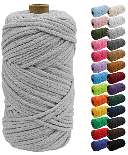 Uiopa Macrame Cord 5mm x 90m, Thick Macrame Rope 8-Strand Braided Cotton Rope, Light Grey Cotton Cord for Plant Hangers, Wall Hanging, Dream Catcher, Garden, DIY Projects