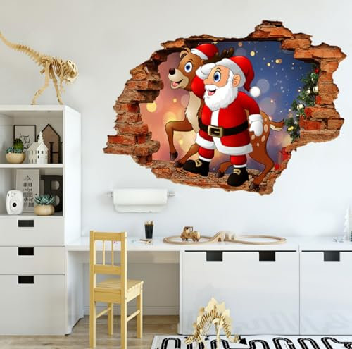 2-teilige 3d Zerbrochene Wand Elch Weihnachtsmann Wandaufkleber, Wohnzimmer, Kinderzimmer, Weihnachtsdekoration, Selbstklebende Papiertapete, 50 Bis 70cm