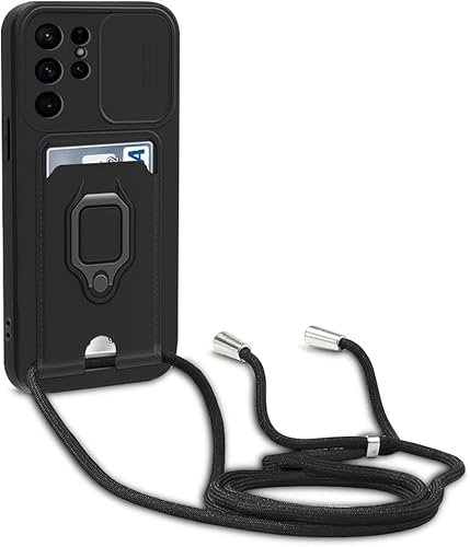 Esakycn Coque pour Samsung Galaxy S24 Ultra avec Cordon de Collier, Housse avec Lentille Coulissante Antidérapant Couverture [Béquille 360° Rotatif] Silicone Coque avec Slot Card Holder. Noir