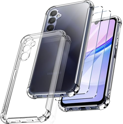 New&Teck - Funda para Samsung Galaxy A15 4G/5G + 2 Vidrio Templado Protector de Pantalla, Funda de Silicona TPU Flexible, Bumper con Esquinas reforzadas, protección Clara.
