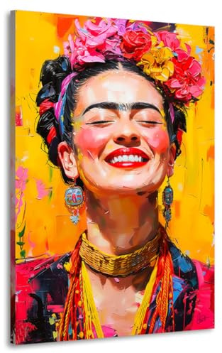 Kunstgestalten24 | Frida Kahlo Lacht Abstrakt Modern Leinwand-Bild | mit Echtholz-Keilrahmen | Leinwandbild Wandbild Kunst Art Gemälde | Hochwertige Kunstdrucke | 100x150cm, 4cm Rahmentiefe