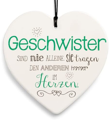 SIKORA Geschenk Herz aus weißem Steingut mit liebevollen Botschaften für jeden Anlass, Farbe/Modell:PH24 - für Geschwister - nie alleine