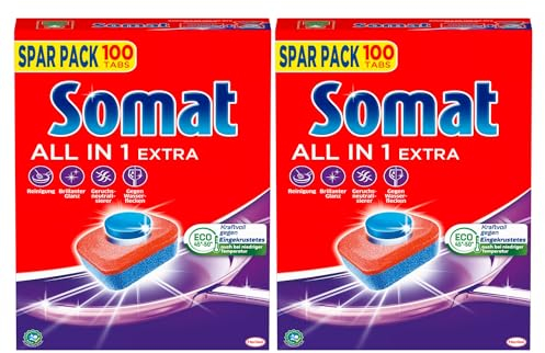 Somat All in 1 Extra Spülmaschinen Tabs, 200 Tabs (2x 100 Tabs), Geschirrspül Tabs für strahlende Sauberkeit auch bei niedrigen Temperaturen, bekämpfen selbst eingetrocknete Rückstände