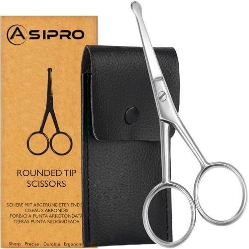 ASIPRO Nasenhaarschere Herren & Frauen 4 mit Etui, Edelstahl-Nasenhaar-Schere, Nasenschere, Nose Scissors, Bartschere, Nasenhaare abgerundet zum Ohrhaaren, Schere, Nase, Nasenhaarscheren abgerundet