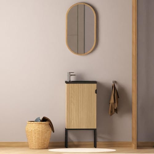 MOB-IN Lave-Mains chêne sur Pieds + Robinet + Miroir Studio
