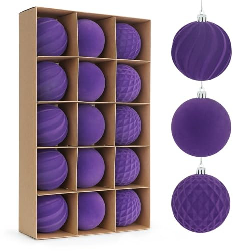 Miaikoe 15 Pcs Velvet Christmas Balls Hanging Ornaments Set, Pre-tied Shatterproof Plastic Flocked Christmas Balls Xmas Decorations Festival Holiday Party Decor (Purple,8CM)