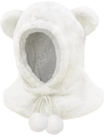 JFAN Wintermütze Kinder Warm Schalmütze mit Fleecefutter Plüsch Beanie Bär Mütze Schal 2 in 1 Mit Bommel-Kordelzug für Jungen Mädchen