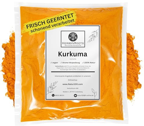 Kurkuma Pulver 1000g • Kurkumawurzel gemahlen • 100% Natur • reines Pulver • Erste Wahl • Abgefüllt in Deutschland • HerbsnRoots