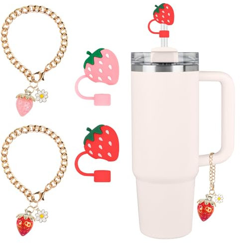 Straw Cover for Stanley Cup Accessories, Strawberry Charms for Stanley Cups, Cute Silicone Straws Topper Covers for 30 40 oz Tumbler with Handle, 10mm 0.4in Straw Lid Cap