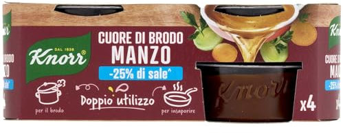 Knorr Cuore di Brodo Manzo, Pronto da Diluire, con -25% di Sale^, con Verdure da Agricoltura Sostenibile, Senza Glutine, Senza Glutammato*, Senza Conservanti, 4 Vaschette da 28g