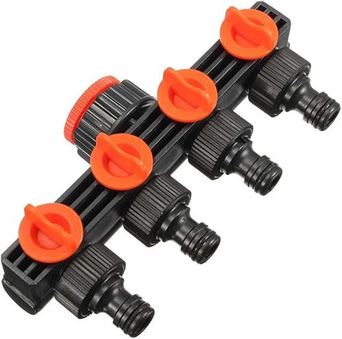 Suinga Distributore a 4 vie per rubinetto da giardino – Connessione 3/4'' e 1'' con adattatore di portata regolabile, arancione