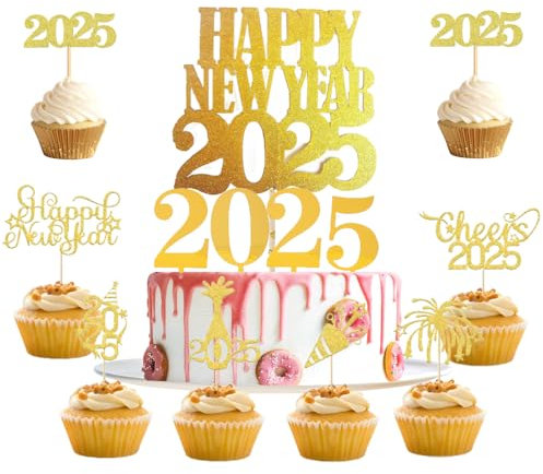 Kuchendekorationen Topper Frohe Weihnachten und Frohes neues Jahr, 2025 Happy New Year Tortendeko Silvester Cupcake Toppers Kuchen Dekorationen für Neujahrsdeko Silvester Tischdeko (2025) (A)