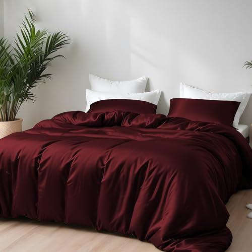 LINENWALAS Bambus-Bettwäsche-Set, Premium Bambus 4-teiliges Seiden-Bettbezug-Set mit Kissenbezug, 2 Bettbezüge 135x200 cm und 2 Kissenbezüge, weicher, kühlender Bettbezug (Burgund)