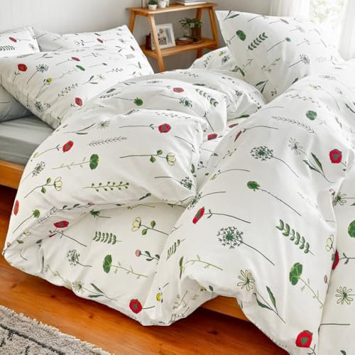 Nayoroom Bettwäsche Baumwolle 200x200 Blumen Weiß mit Grün Blätter Roten Blumen Muster Bettbezug Set 3 Teilig Aesthetic Pflanzen Botanisch Wendebettwäsche Reißverschluss und 2 Kissenbezüge 80x80 cm