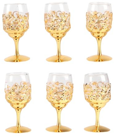 Pssopp 6-teiliges Wasserkelch-Set aus Transparentem Glas mit Geprägtem Muster, Blumenprägung aus Zinklegierung, Exquisites Design, Vintage-Weingläser-Set für Hochzeitsempfang