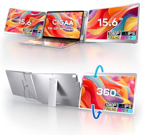 CIGAA 15.6 Laptop Screen Extender - FHD 1080P 16:9 Laptop Monitor Extender, Left Screen 360° Flip Portable Monitor for 12-17 Laptops with HDMI/USB - C, Plug & Play