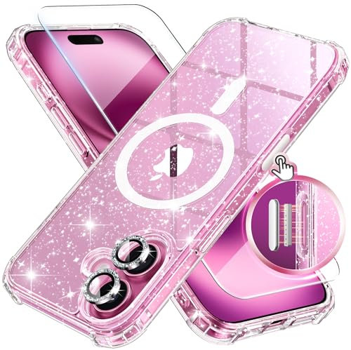 BERFY for iPhone 16 Case Glitter 6.1, Compatible with Magsafe, Women Clear Bling Cute Magnetic Hard Phone Cover, [with 9H Tempered Screen Protector] [2X Diamond Camera Lens Protectors], Shiny Clear