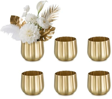 NUPTIO Gold Vase for Wedding Centrepieces: 6 Pcs 10cm Metal Ribbed Flower Vases for Birthday Party Table - Small Plants Planters Vintage Pots for Home Outdoor Garden Decorations