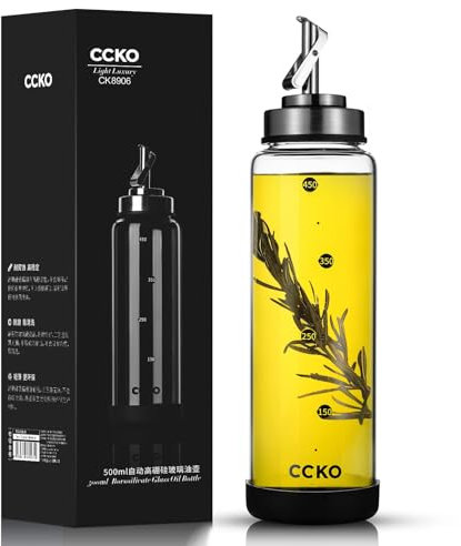 ALYBSOO Olivenöl Ölflasche Glas 500 ml – Bruchsicher und Auslaufsicher mit Edelstahl-Ausgießer und Gummiboden, Hitzebeständig für Öl und Essig (500 ML)