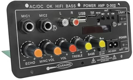 Knoruley Placa Amplificadora Digital Bluetooth de 12 V, 24 V y 220 V, Subwoofer, Micrófono Doble, Amplificador de Karaoke, Altavoz para Cine, Bricolaje, 30 W, Enchufe de la UE