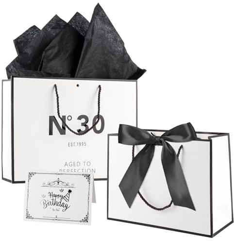 Tookala Weiß Papier Geschenktüte 30. Geburtstag, Geschenktasche mit Seidenband, 32 x 25 x 11 cm Größe Geschenktüte mit Karte & Perlgaze, Happy 30th Birthday Geschenktasche Frau Mann