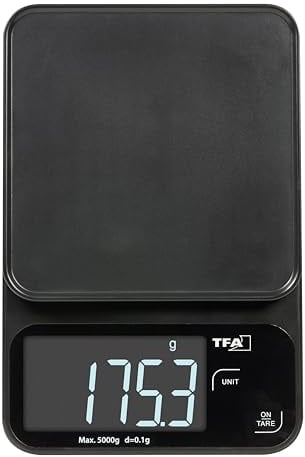 TFA Dostmann Bilancia da cucina digitale COOKIE, 0,1 g, 50.2009, fino a 5 kg, funzione tara, bilancia di precisione, display LCD retroilluminato, piatta e compatta, moderna, nera