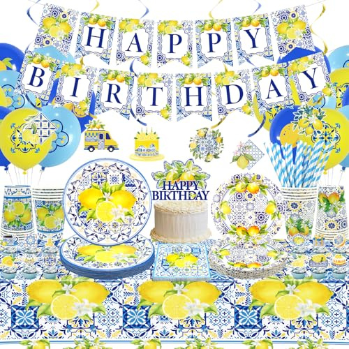 Obussgar Capri Lemon Birthday Party Decorations - Capri Lemon Party Supplies including Banner, Plate, Cake Topper, Cup, Napkin, Tablecloth - Serves 20 (LQ)