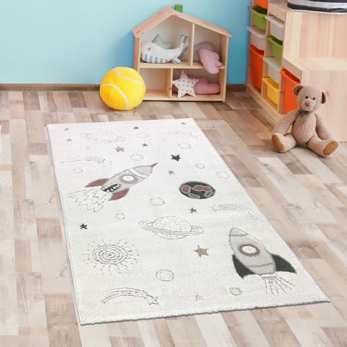CARPETIA Teppich Spielzimmer Kinderzimmer Babyzimmer Weltraum-Motiv mit Raketen und Planeten pflegeleicht weich schadstofffrei langlebig modern Krabbelteppich Creme Grau Beige 80 x 150 cm