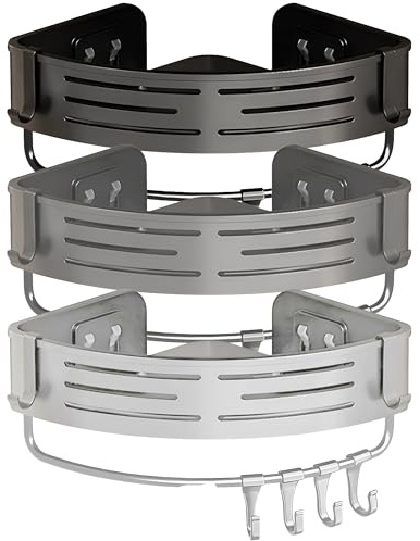 Andreas Dell SANIDELL Duschablage ohne Bohren – 2er Set Eckregal Aluminium rostfrei, Duschregal mit 4 Haken, Badezimmer Organizer für Shampoo & Duschgel