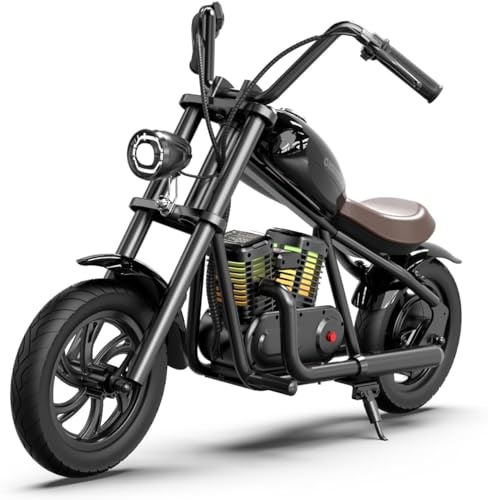 HYPERGOGO Challenger 12 Plus Elektro Motorrad Kinder, Kindermotorrad Plus mit farbenfrohem Umgebungslicht, max. 16 km/h und 60 Minuten ununterbrochene Fahrzeit für Kinder/Jugendliche (Schwarz)