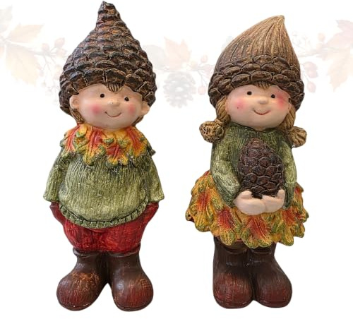 Logbuch-Verlag Herbstkinder Figuren 2er Set stehend 16–17 cm – Herbstdeko Kinder mit Tannenzapfen-Mütze – Junge & Mädchen aus Kunststein