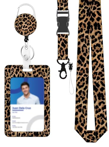Porte Badge avec Cordon Porte Badge Coulissant Léopard en Plastique avec Enrouleur de Badge Rétractable Mousqueton Lanière Détachable Porte Carte Verticale Dure pour Bureau École Carte de Bus (D)