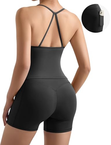 DOULAFASS Rückenfrei Sport Set Damen Tanktops Butt lift Gym Shorts Yoga Set Zweiteiler Workout Set mit Taschen Schwarz S
