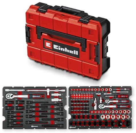 Einhell E-Case 121-tlg. Werkzeugkoffer KFZ | Stecknuss-Set | Bit-Stecknüsse | Impact-Bits | Zündkerzeneinsätze | Umschaltknarren | Systemkoffer