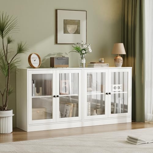 VOWNER Sideboard mit 2 Glastüren, Buffetschrank, Küchenschrank mit Arbeitsplatte, Buffetschrank, TV Board, Aufbewahrungsschrank für Wohnzimmer Schlafzimmer, 40 x 80 x 80 cm (Weiß, 2PCS)