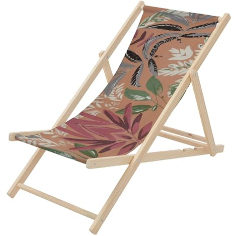 ECD Germany Liegestuhl klappbar Floral Braun-Rot-Grün, Strandliege aus Holz, Sonnenliege mit 3-Fach verstellbarer Rückenlehne, Strandstuhl bis 120kg, Gartenliege, Relaxliege für Garten Balkon Terrasse