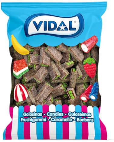 Vidal Golosinas. Ladrillos Rellenos Pica Cola. Regaliz en forma de ladrillo con sabor a cola y cobertura ácida. Textura masticable y divertida. Sin gluten ni grasa. Bolsa 250 u