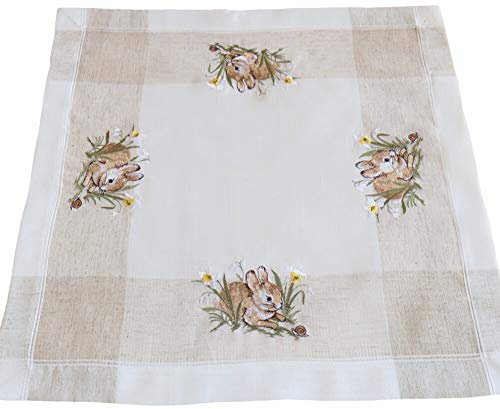 matches21 HOME & HOBBY Tischdecke Leni 60 x 60 cm Hasenstickerei Ostern beige weiß Landhausstil Polyester Frühlingsdeko